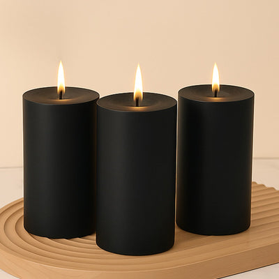 6-Pack Unscented Dripless Pillar Candles â€“ 3’’x6’’ Black Paraffin Wax with Smokeless Cotton Wicks Clean &