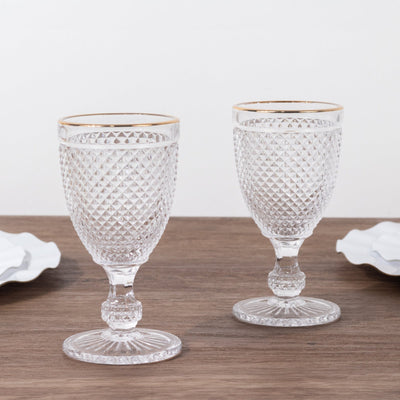 6-Pack Vintage Wine Glasses with Gold Rim and Embossed Diamond Pattern Clear - Crystal 8oz Short Stem Goblets