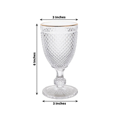 6-Pack Vintage Wine Glasses with Gold Rim and Embossed Diamond Pattern Clear - Crystal 8oz Short Stem Goblets