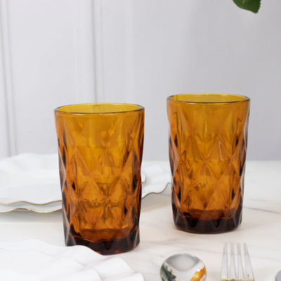 6-Pack Whiskey Glasses Amber Gold Textured Crystal Cut Design with Heavy Base - Transparent Highball Tumblers