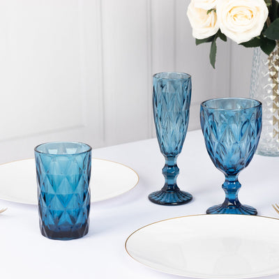 6-Pack Whiskey Glasses Ocean Blue Textured Crystal Cut Design with Heavy Base - Highball Tumblers for Parties & Events