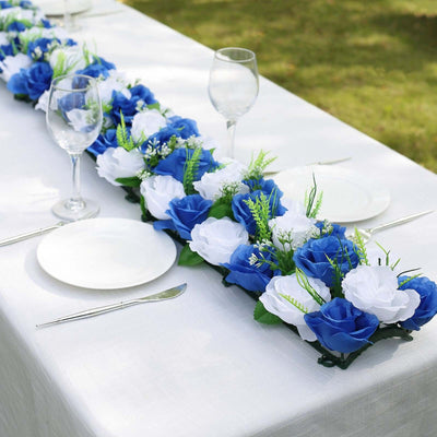 6 Pack White Royal Blue Silk Rose Flower Panel Table Runner Artificial Floral Arrangements Wedding Table Centerpiece