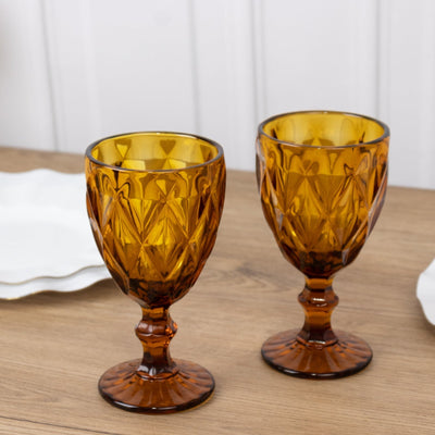 6-Pack Wine Glasses Amber Gold Embossed Crystal Cut Design Stemmed - Transparent Colored Goblets for Parties & Events