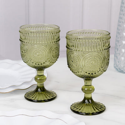 6-Pack Wine Glasses Dusty Sage Green Vintage Embossed Design with Textured Floral Pattern - Short Stemmed Glasses