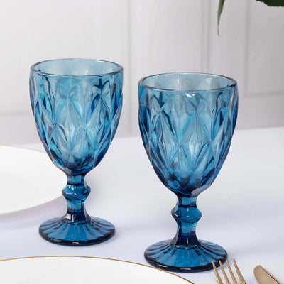 6-Pack Wine Glasses Ocean Blue Embossed Crystal Cut Design Stemmed - Colored Goblets for Parties & Events 12oz 7’’