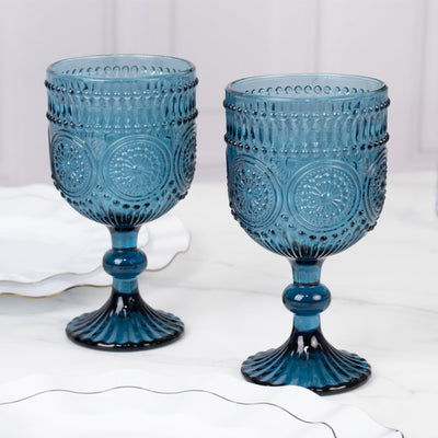 6-Pack Wine Glasses Ocean Blue Vintage Embossed Design with Textured Floral Pattern - Short Stemmed Glasses for Drinks