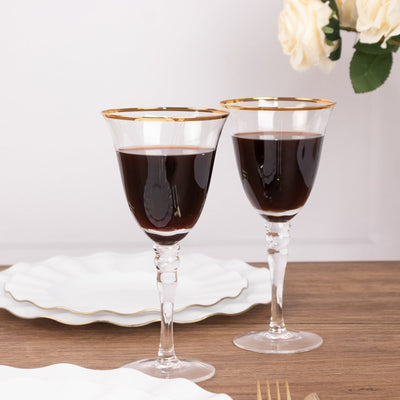 6-Pack Wine Goblet Glasses Clear Gold Rimmed Design with Long Beaded Stem - Handblown Vintage Crystal Glasses for Water