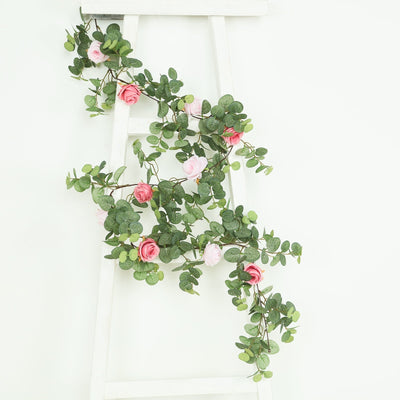 6ft Artificial Eucalyptus Garland with Blush/Dusty Rose Silk Roses â€“ Faux Greenery Vine - Flower Garlands