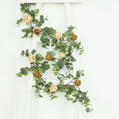 6ft Artificial Eucalyptus Garland with Cream/Gold Silk Roses â€“ Faux Greenery Vine - Flower Garlands