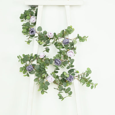 6ft Artificial Eucalyptus Garland with Lavender Lilac/Purple Silk Roses â€“ Faux Greenery Vine - Flower Garlands