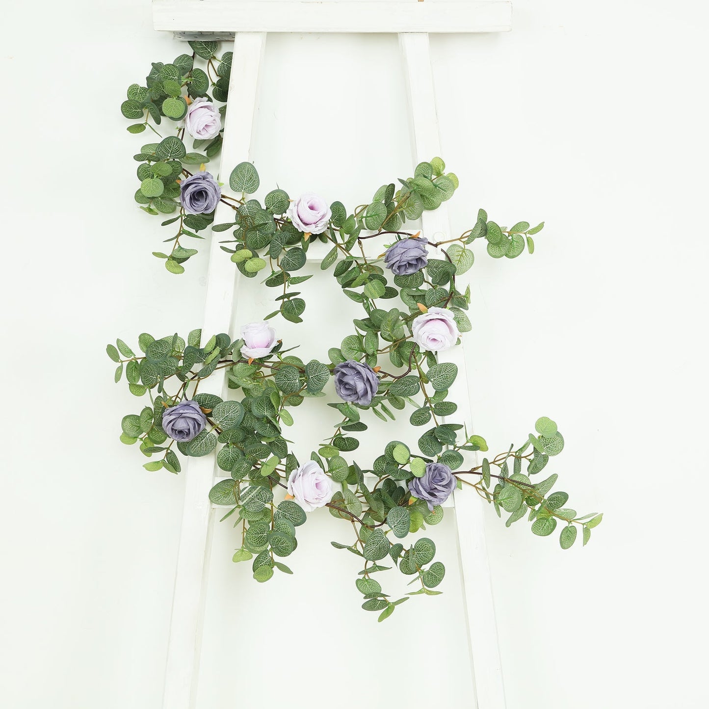6ft Artificial Eucalyptus Garland with Lavender Lilac/Purple Silk Roses â€“ Faux Greenery Vine