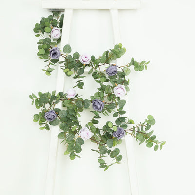 6ft Artificial Eucalyptus Garland with Lavender Lilac/Purple Silk Roses â€“ Faux Greenery Vine