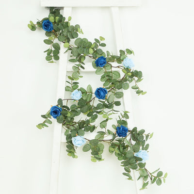 6ft Artificial Eucalyptus Garland with Royal Blue/Light Blue Silk Roses â€“ Faux Greenery Vine - Flower Garlands