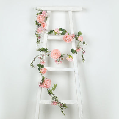 6ft Blush Silk Rose Peony Flower Garland Mixed Floral Greenery Garland Artificial Hanging Vine - Silk Flowers