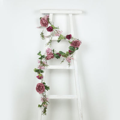 6ft Dusty Rose Silk Rose Peony Flower Garland Mixed Floral Greenery Garland Artificial Hanging Vine - Silk Flowers