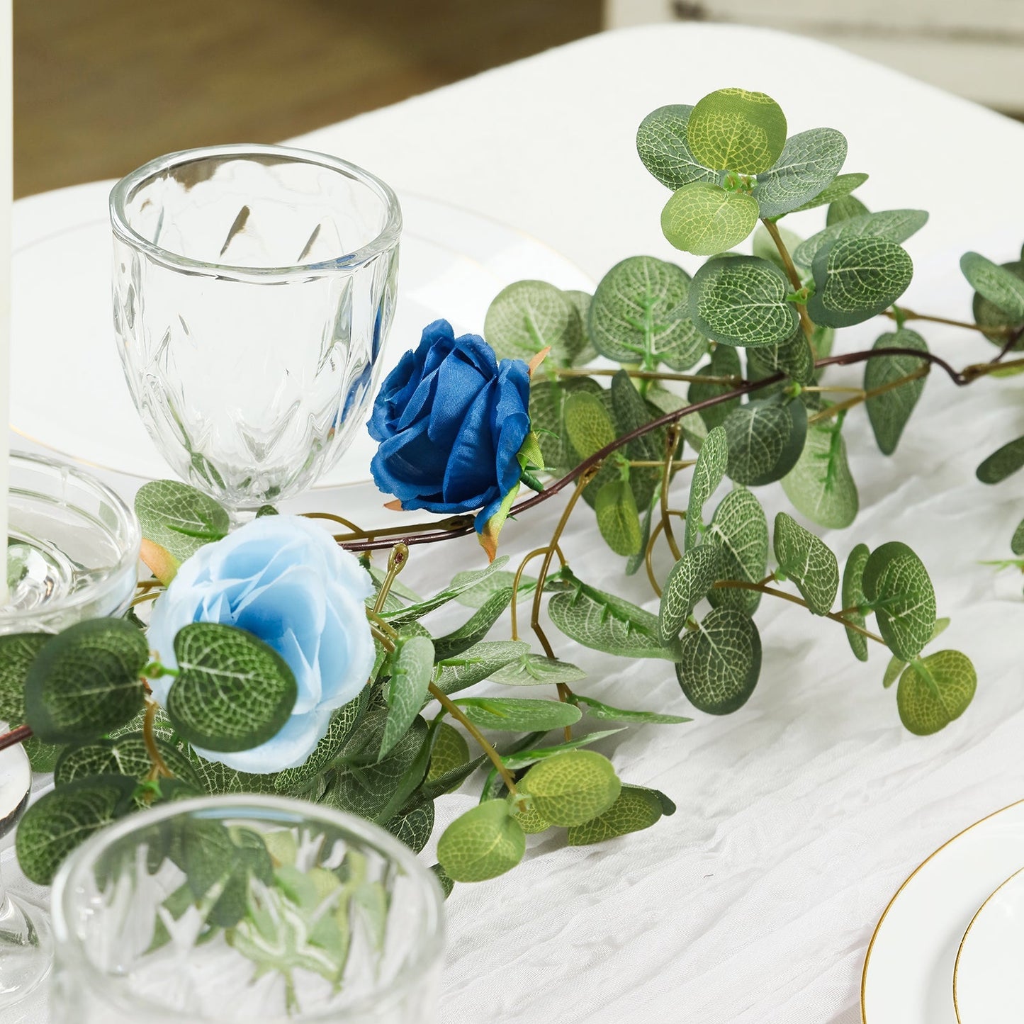 6ft Artificial Eucalyptus Garland with Royal Blue/Light Blue Silk Roses â€“ Faux Greenery Vine