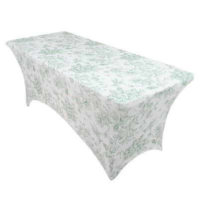 6ft Spandex Fitted Rectangle Tablecloth â€“ White & Dusty Sage Green French Toile Wrinkle-Free Stretch Table Cover