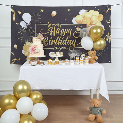 6ftx3ft Black Gold Happy Birthday Photo Booth Backdrop Decoration Large Polyester Background Banner - Backdrops