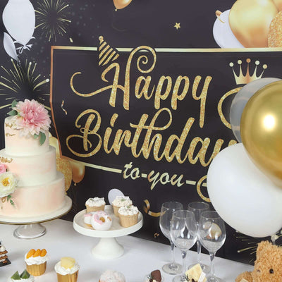 6ftx3ft Black Gold Happy Birthday Photo Booth Backdrop Decoration Large Polyester Background Banner - Backdrops