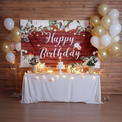 6ftx3ft White Brown Rustic Wood Floral Happy Birthday Photo Backdrop Large Polyester Background Banner - Backdrops