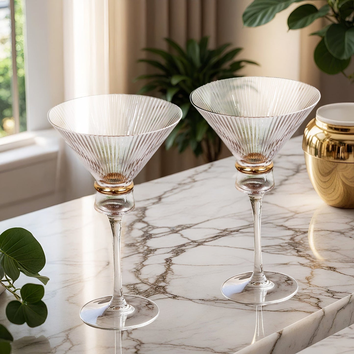 6-Pack Clear Martini Glasses â€“ 10oz Real Glass, Ribbed Design with Gold Ring Accent, Elegant Cocktail Glasses for Martinis & Cosmopolitans â€“ 8" Tall