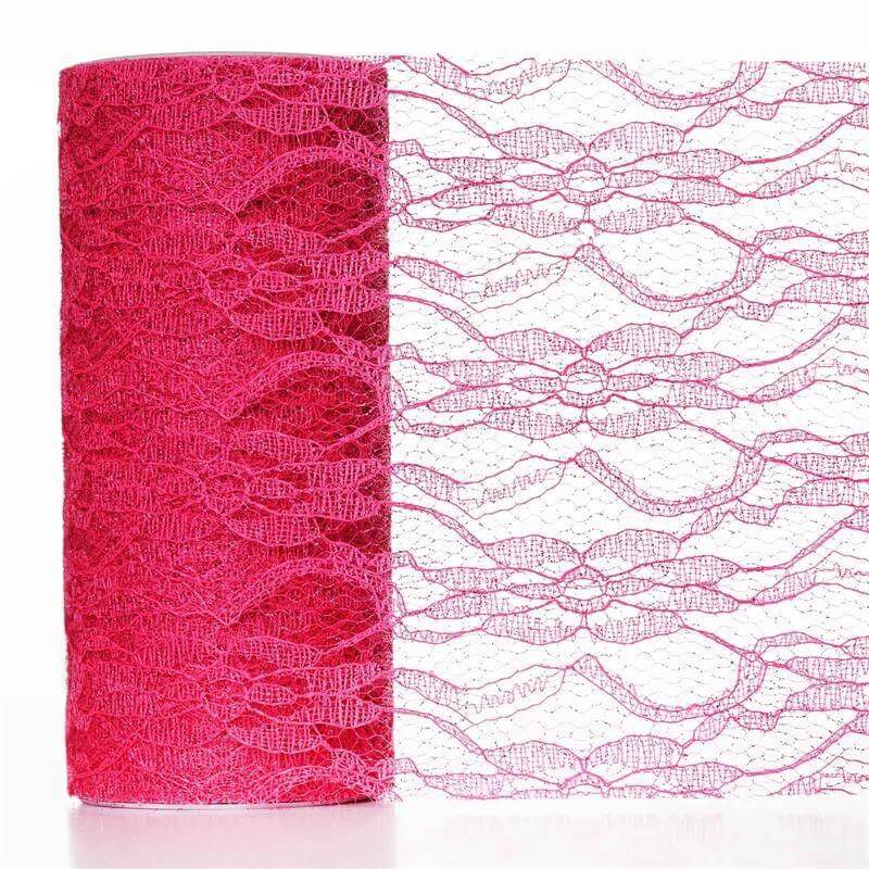6"X10 Yards Fuchsia Floral Lace Shimmer Glitter Tulle Fabric Bolt
