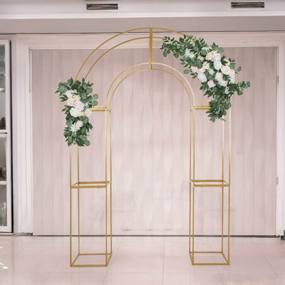 7.5ft Gold 3D Metal Wedding Arch Backdrop Stand with Round Top Heavy-Duty Floral Balloon Frame for Elegant Parties