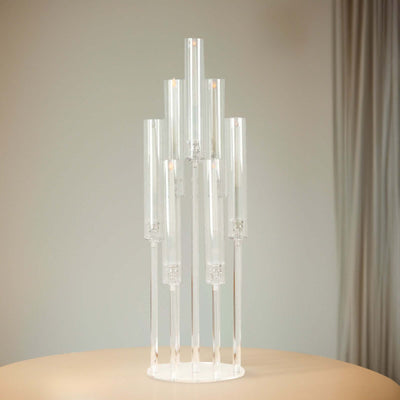 7-Arm Round Cluster Acrylic Candelabra Clear with Circular Base - Sleek Taper Candle Holder Table Centerpiece