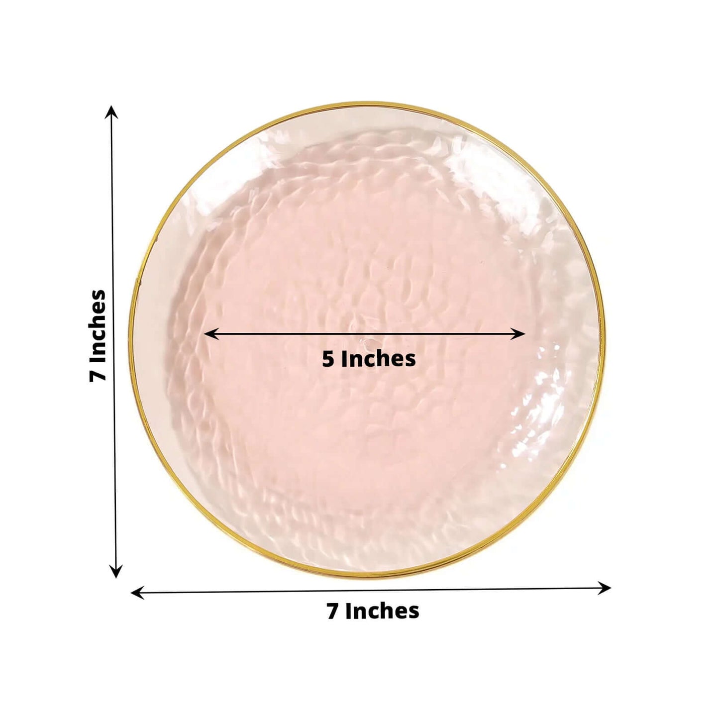 10-Pack Plastic 7" Round Dessert Appetizer Plates in Transparent Blush Hammered Design with Gold Rim - Modern Disposable Salad Plates