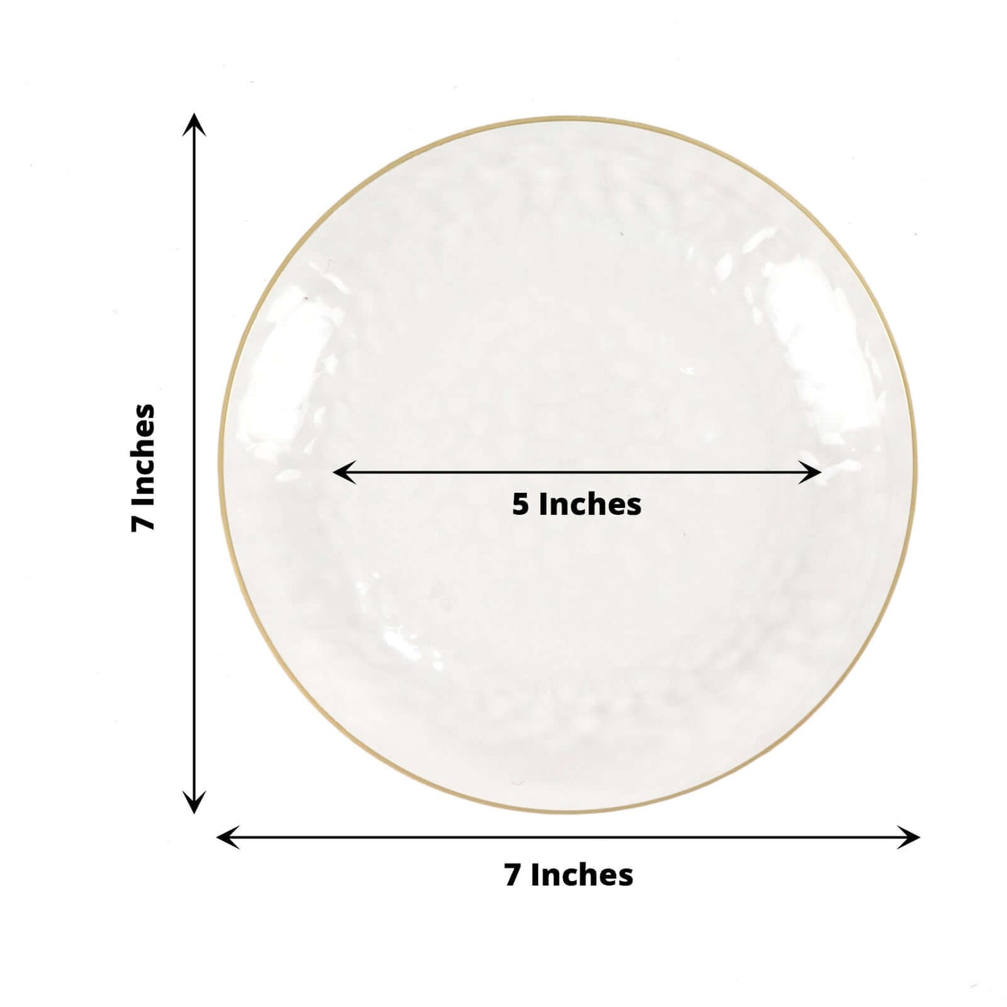 10-Pack Plastic 7" Round Dessert Appetizer Plates in Clear Hammered Design with Gold Rim - Modern Disposable Salad Plates