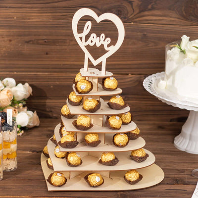 7-Tier Wooden Chocolate Display Stand Heart Shape Natural with ’Love’ Topper - DIY Dessert Table Tower Rack 16’’ - Cake