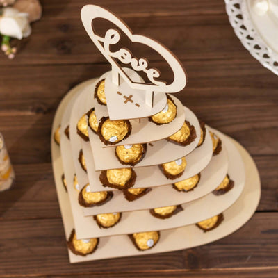 7-Tier Wooden Chocolate Display Stand Heart Shape Natural with ’Love’ Topper - DIY Dessert Table Tower Rack 16’’ - Cake
