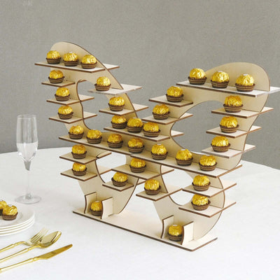 7-Tier Wooden Dessert Display Stand Butterfly Shaped Design Natural - Double Sided Cupcake Holder Shelf Rack 25’’