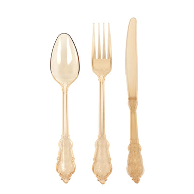 72 Pcs Plastic Silverware Set in Baroque Style Amber Gold - Heavy Duty Disposable Knife Fork and Spoon Set - Disposables