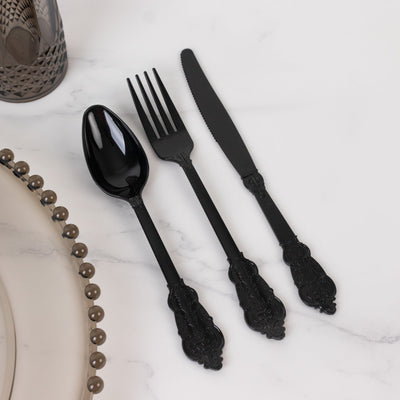 72 Pcs Plastic Silverware Set in Baroque Style Black - Heavy Duty Disposable Knife Fork and Spoon Set - Disposables