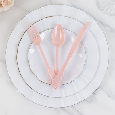 72 Pcs Plastic Silverware Set in Baroque Style Blush - Heavy Duty Disposable Knife Fork and Spoon Set - Disposables