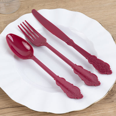 72 Pcs Plastic Silverware Set in Baroque Style Burgundy - Heavy Duty Disposable Knife Fork and Spoon Set - Disposables
