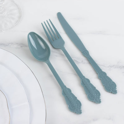 72 Pcs Plastic Silverware Set in Baroque Style Dusty Blue - Heavy Duty Disposable Knife Fork and Spoon Set - Disposables