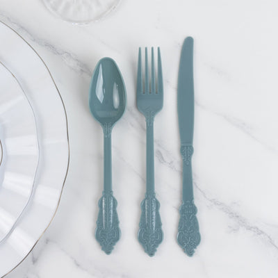 72 Pcs Plastic Silverware Set in Baroque Style Dusty Blue - Heavy Duty Disposable Knife Fork and Spoon Set - Disposables