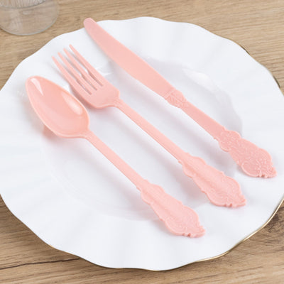 72 Pcs Plastic Silverware Set in Baroque Style Dusty Rose - Heavy Duty Disposable Knife Fork and Spoon Set - Disposables