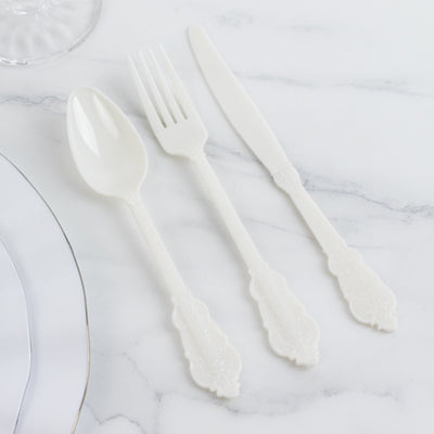 72 Pcs Plastic Silverware Set in Baroque Style Ivory - Heavy Duty Disposable Knife Fork and Spoon Set - Disposables