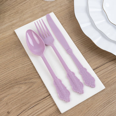72 Pcs Plastic Silverware Set in Baroque Style Lavender Lilac - Heavy Duty Disposable Knife Fork and Spoon Set