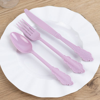 72 Pcs Plastic Silverware Set in Baroque Style Lavender Lilac - Heavy Duty Disposable Knife Fork and Spoon Set