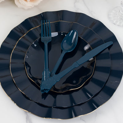72 Pcs Plastic Silverware Set in Baroque Style Navy Blue - Heavy Duty Disposable Knife Fork and Spoon Set - Disposables