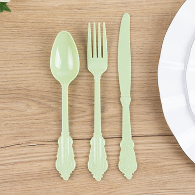 72 Pcs Plastic Silverware Set in Baroque Style Sage Green - Heavy Duty Disposable Knife Fork and Spoon Set - Disposables