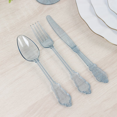 72 Pcs Plastic Silverware Set in Baroque Style Transparent Dusty Blue - Heavy Duty Disposable Knife Fork and Spoon Set