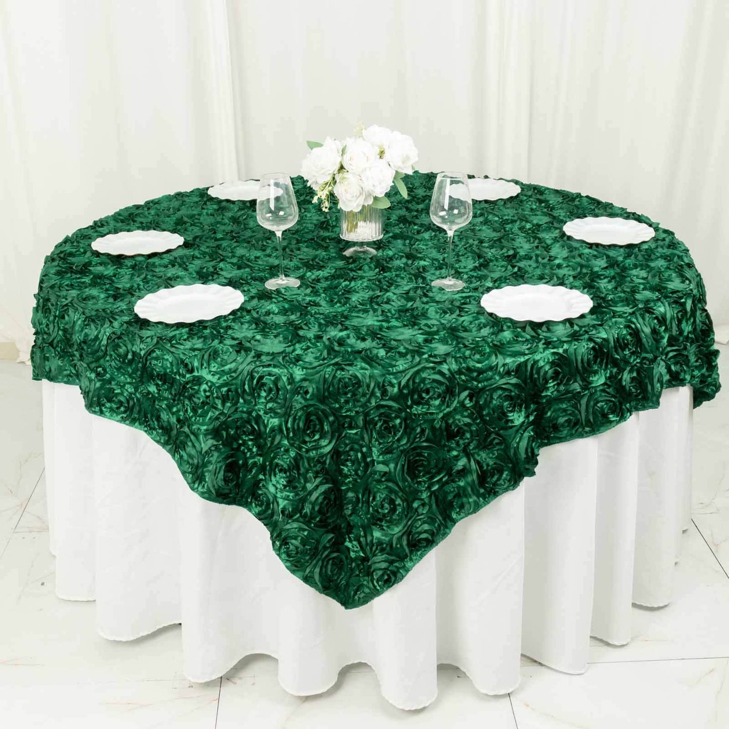 Satin 72"x72" Table Overlay Square Tablecloth Hunter Emerald Green - 3D Rosette Table Cover