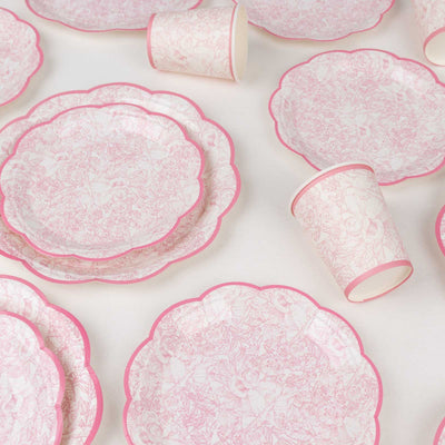 75 Pcs Paper Plates and Cups Set in White with Pink Vintage Floral Print - Disposable Party Supplies Kit for Baby