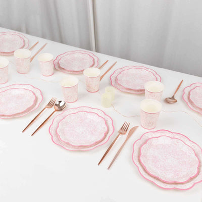 75 Pcs Paper Plates and Cups Set in White with Pink Vintage Floral Print - Disposable Party Supplies Kit for Baby