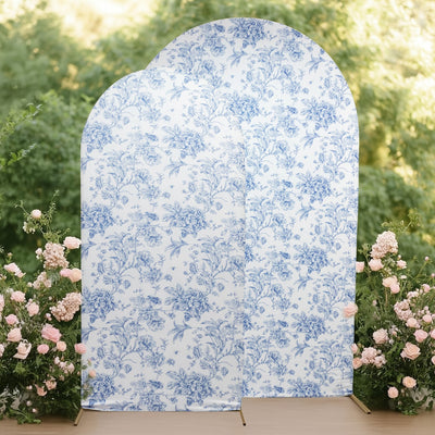 7ft Fitted Spandex Chiara Backdrop Cover â€“ French Toile Blue & White Floral Arch Slipcover for Round Top Wedding